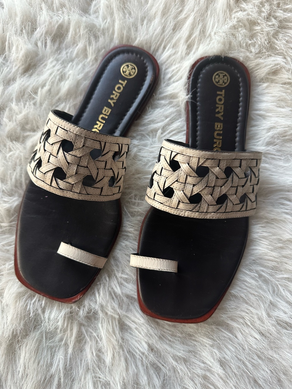 Tory Burch basket wave Cream Bone  Braided Leather Slide Sandals with Brown 8.5 - Picture 2 of 12